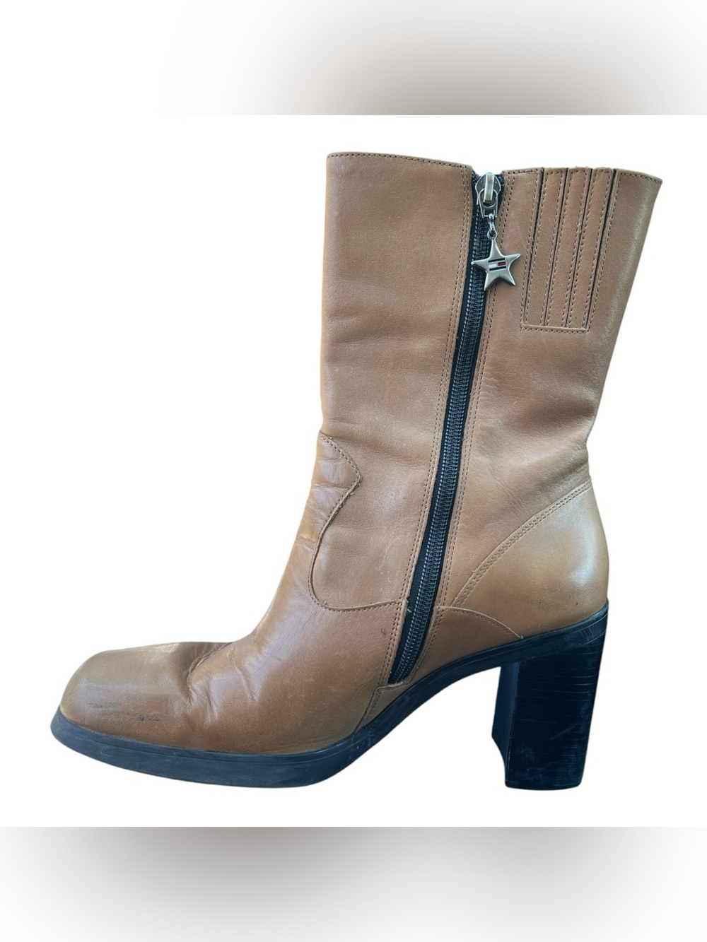 Vintage Y2K Tommy Hilfiger Brown Leather Chunky Heel Square Toe Boots Size 9 - Picture 3 of 10